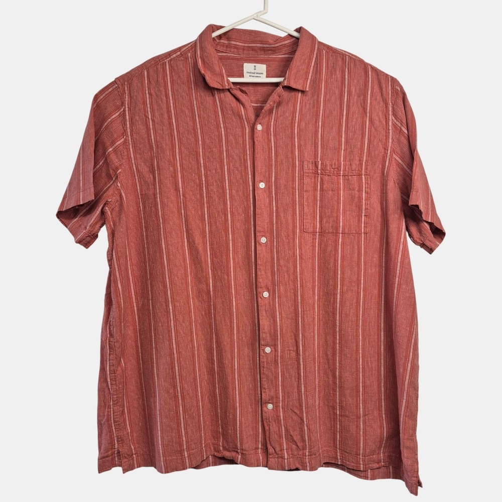 Mutual‎ Weave Mens 3XLT Shirt Linen Blend Short Sleeve Button Down Orange White